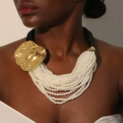 Statement Vintage Pearls Necklace with Geometry Pendant Women Girl Trendy Vintage Wedding Party Jewelry