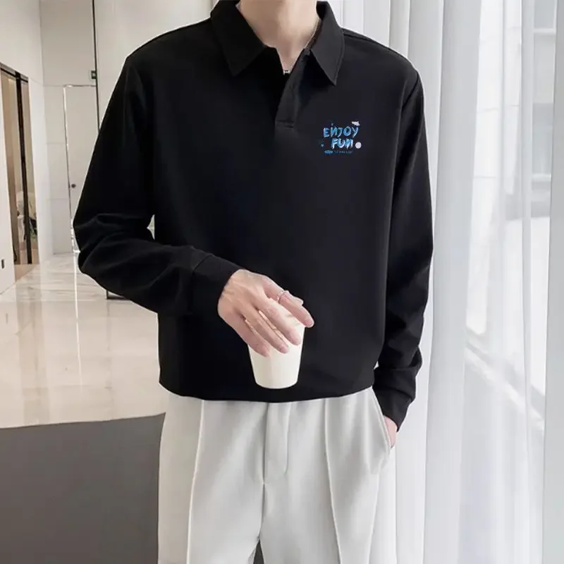 

Black Printed Pullovers Winter Fashion Trends 2025 Streetwear Full Sleeve Polo T Shirt for Men with Collar Emo Xl Man Sweatshirt