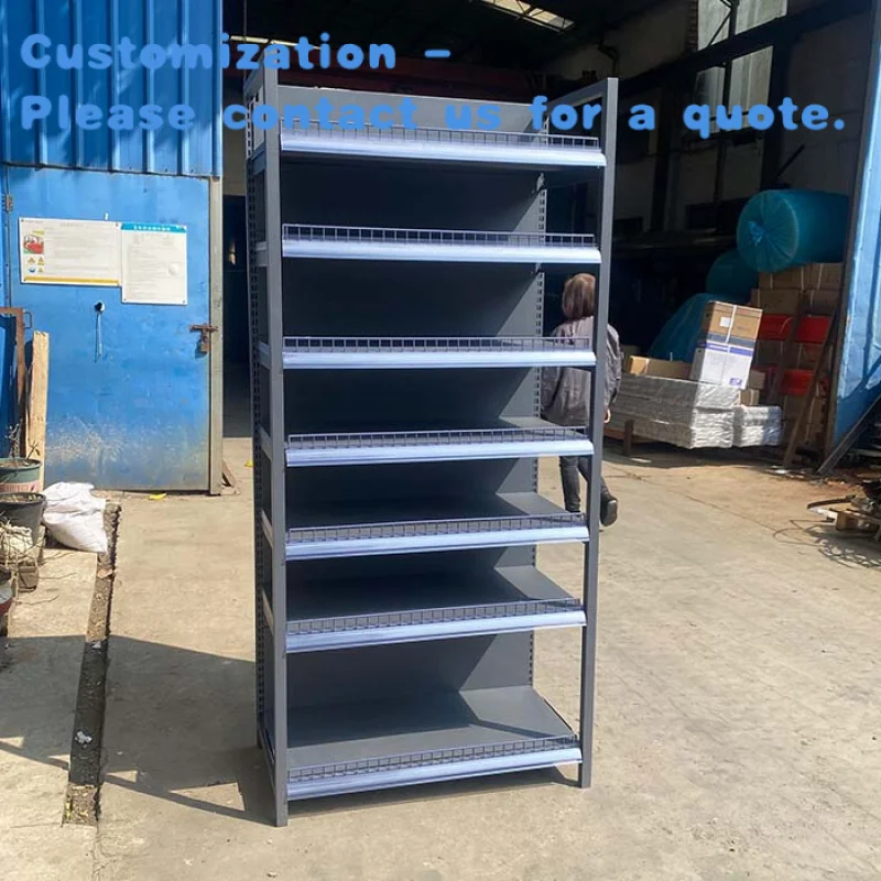

custom.Factory Custom Size Color Four-column Supermarket Display Rack Shelves Gondola Metallic Shelves Store Display Racks