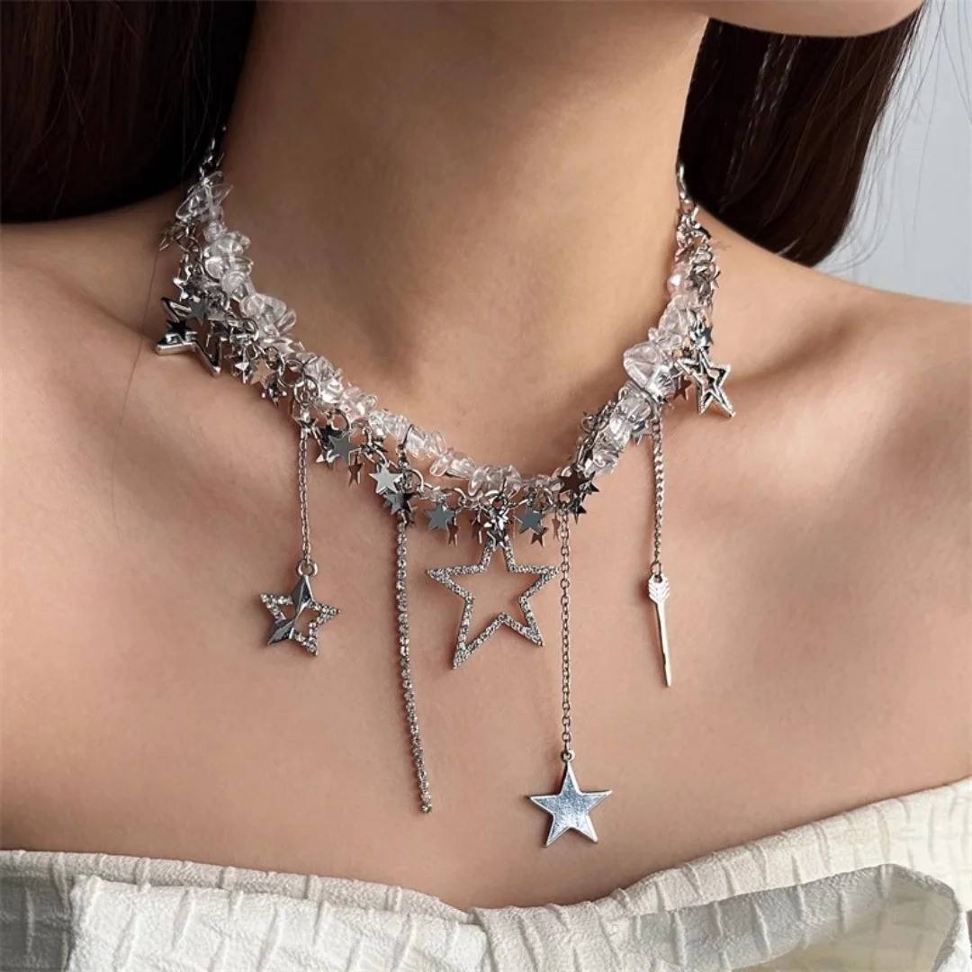 

DUTRIEUX Shiny Five-Pointed StarStar Tassel Pendant Necklace For Women Fashion Y2K Niche Exquisite Design Choker Jewelry Gifts