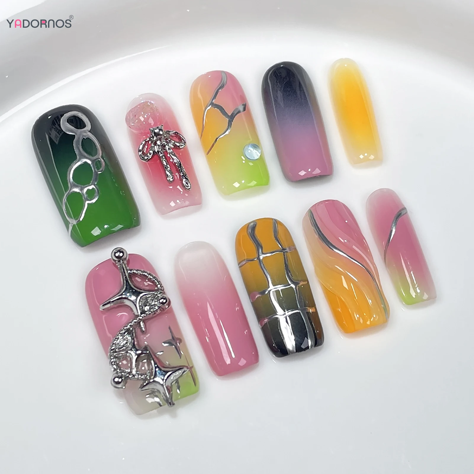 

Handmade Blush Pink False Nails Medium Coffin Colorful Press On Nail With Metal Bowknot Designs Full Cover Wearable Manicure