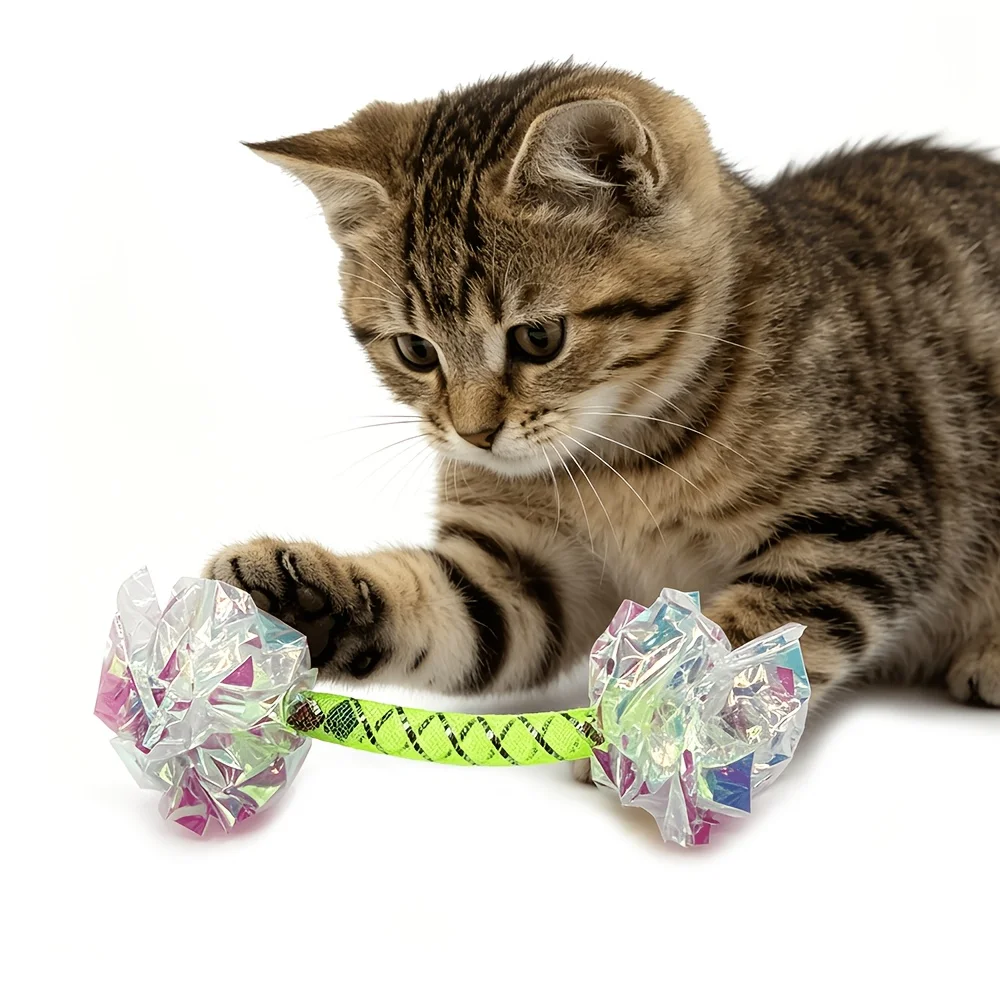 Random Color Shiny Rainbow Ripple Ball Cat Toy with Jingle Bell Interactive Teaser Wand, Indoor Interactive Pet Toy for Cats