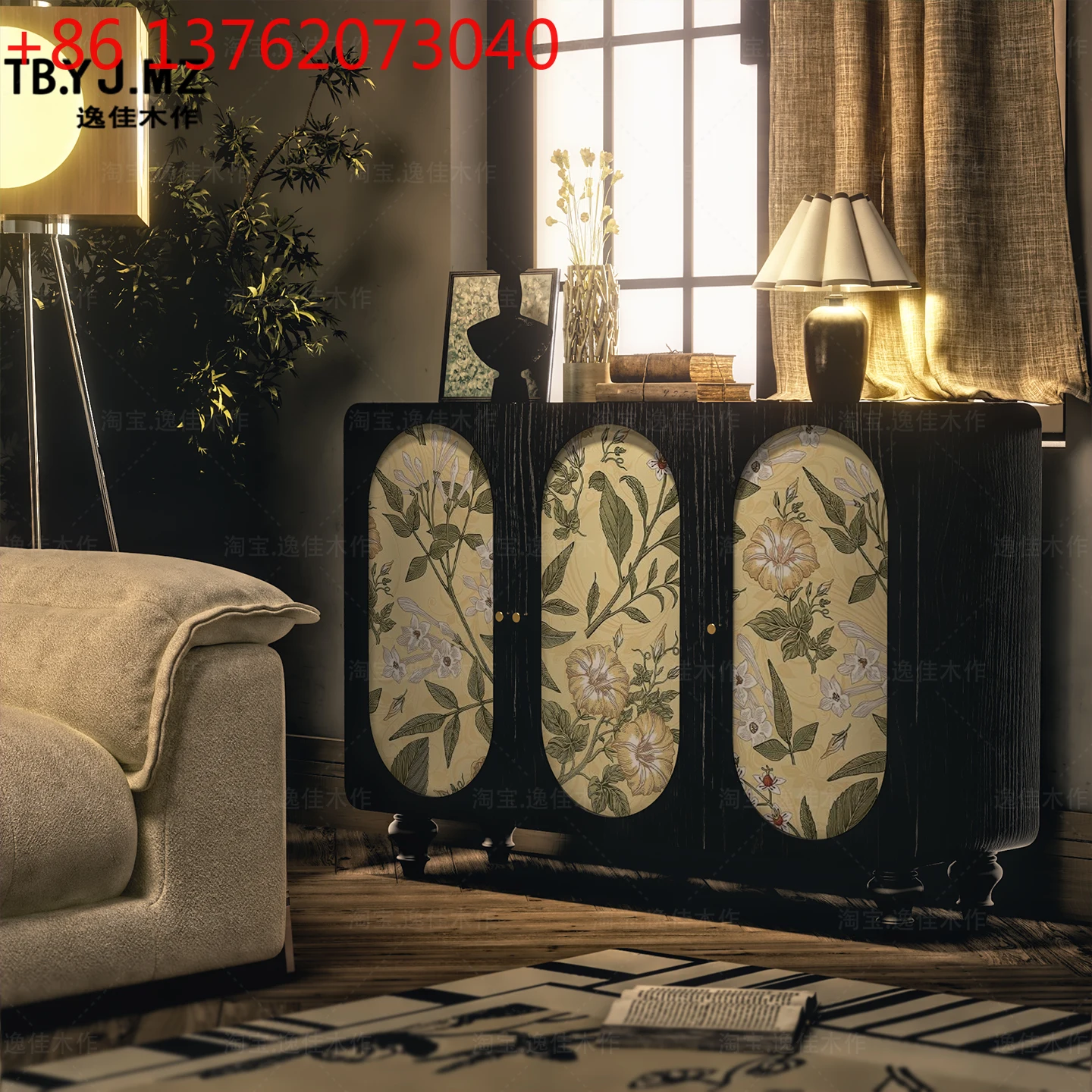 Credenza floreale vintage americana, sala da pranzo, credenza multifunzionale, soggiorno, contenitore in legno massello