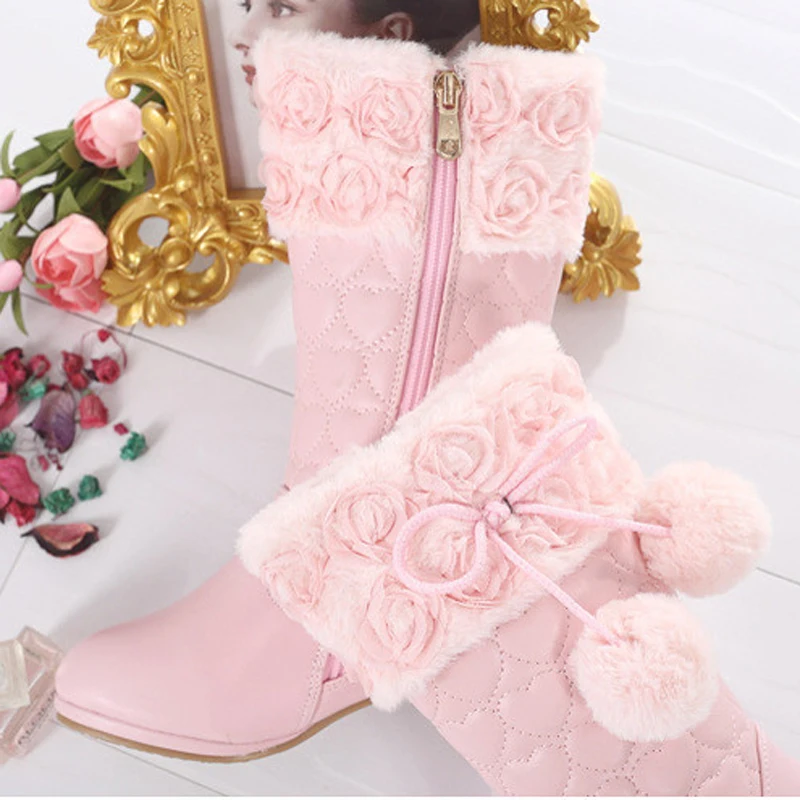 Girls High Boots 2023 Winter Toddler Kids Princess Fashion Brand Knee Long Boots Children Flower Pompom Low Heel Pink Shoes