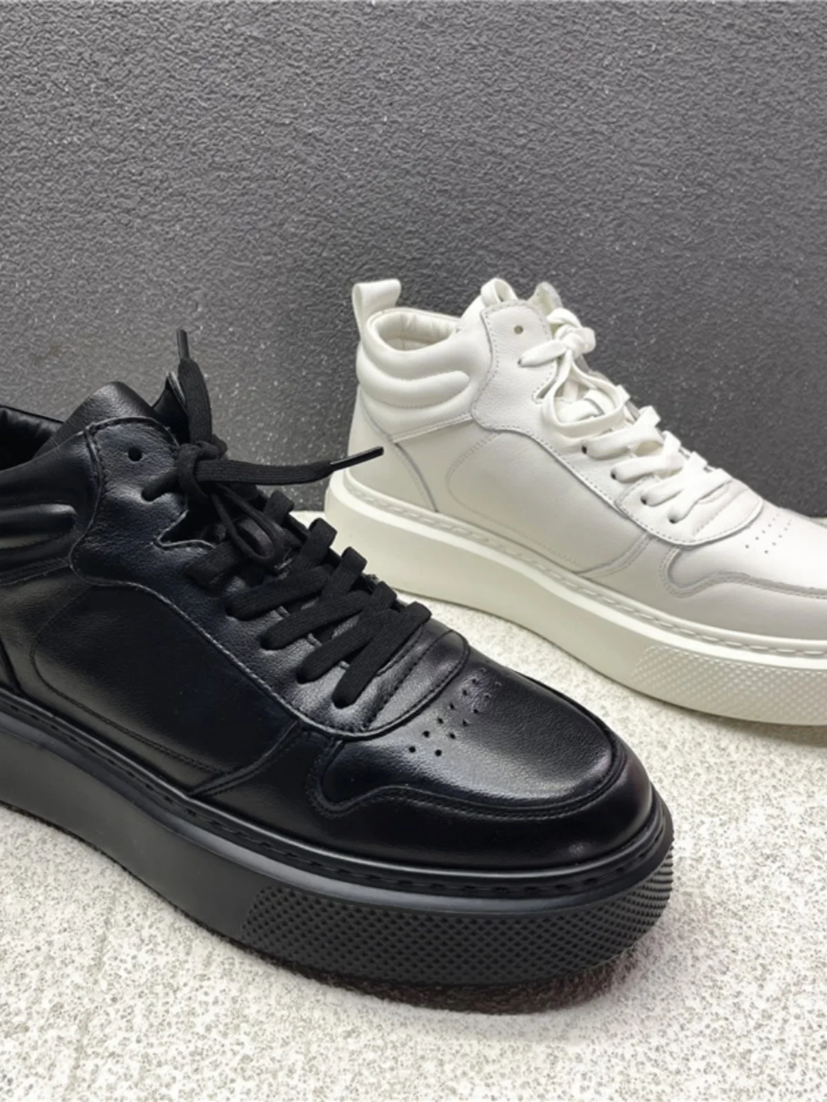 trendy-youth-leather-men's-oes-high-top-board-oes-round-head-lace-up-wear-resistant-pure-color-sport-casual-round-head