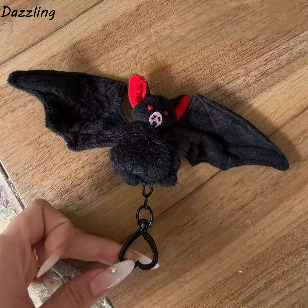 Unique Transformable Plush Bat Keychain Novelty Animal Bat Keychain with Wings Red Eyes Gothic Cute Bat Keyring Halloween Gift
