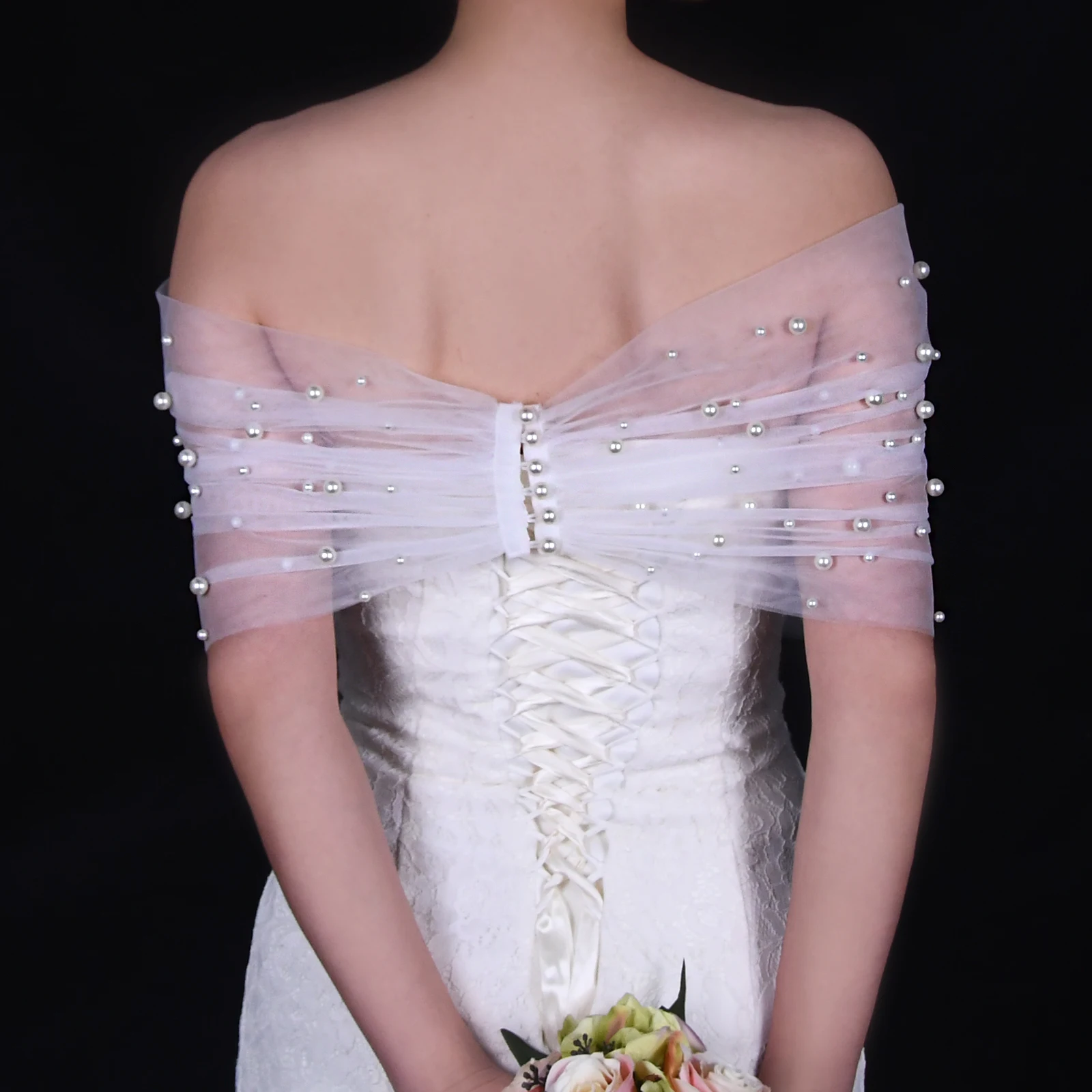 VGCafe-Cape de mariage en perles rondes, accessoires de mariage, en tulle, courte