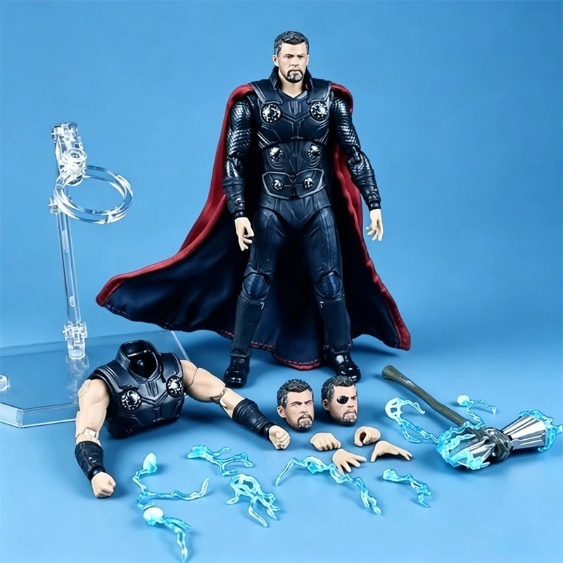 Avengers Thor Actionfigur, Maschinenpistole, Axt, austauschbarer Kopf, PVC-Modell mit beweglichen Gelenken, Sammlerstück, Spielzeug mit Ausstellungsständer, Geschenk.
