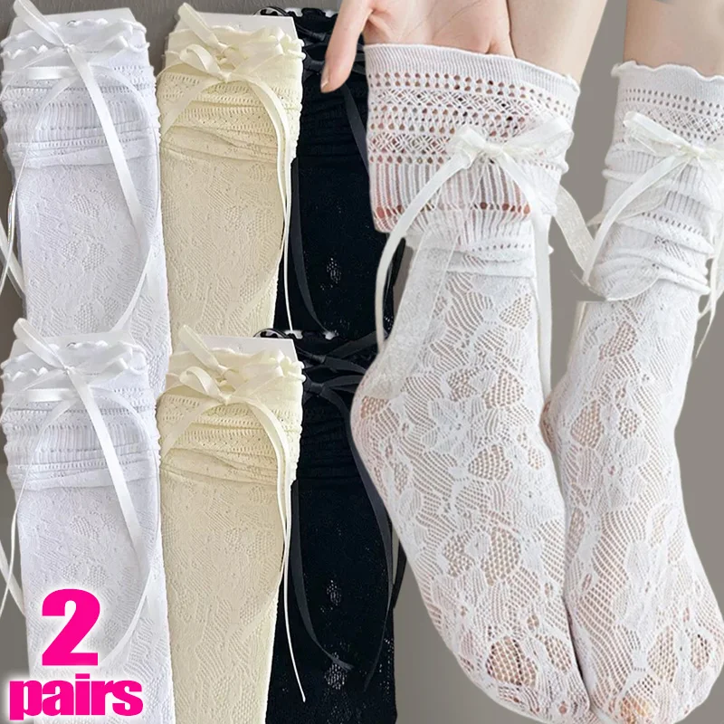 

1/2 пары кружевных носков с бантом и лентой для девочек, сетчатые носки-гольфы с цветочным узором, женские прозрачные эластичные дышащие хлопковые носки