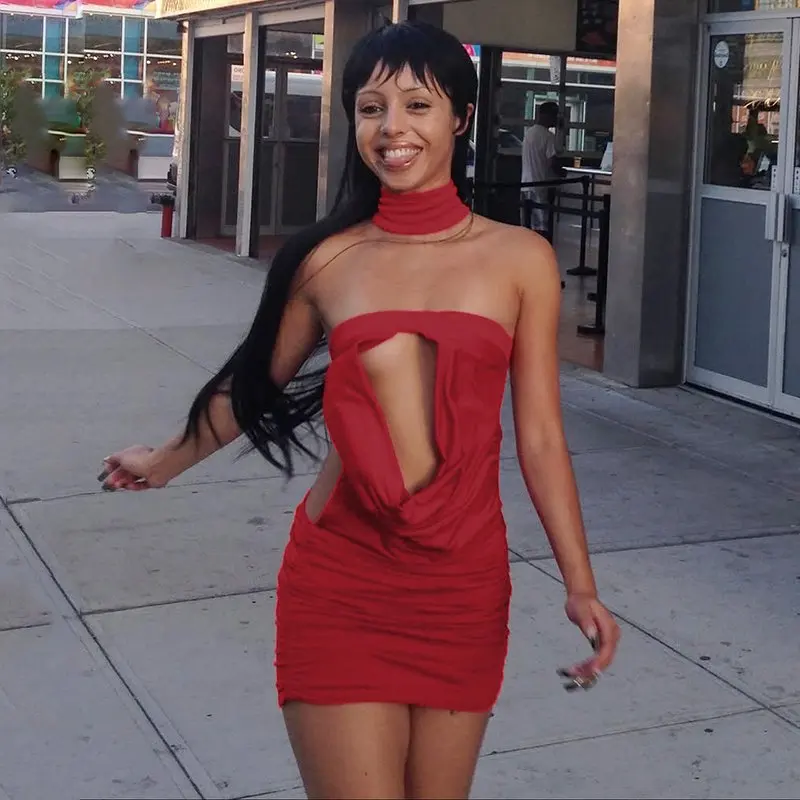 Cryptografische halter rode sexy backless mini-jurk voor dames outfits ruches uitgesneden mouwloze feestjurken bodycon kleding