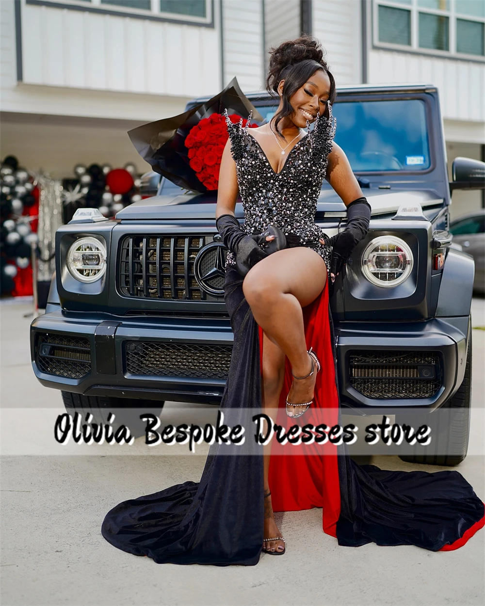 Remarkable Red Lining Black Evening Dress Beaded Rhinestones Aso Ebi Mermaid Cocktail Gown For Special Events African Customized