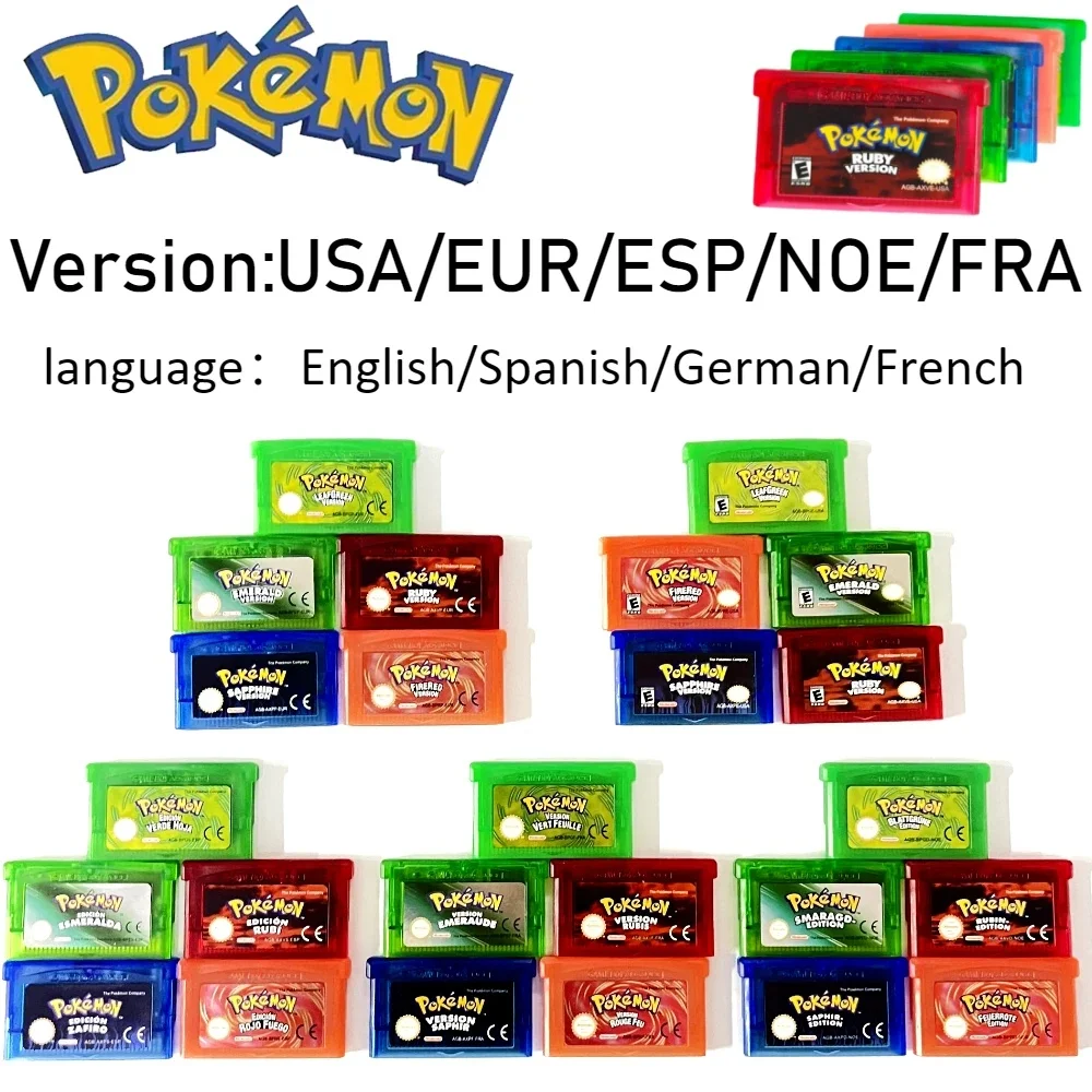 Cartucho de Juego GBA de 32 Bits para Consola de Videojuegos, Pokémon Esmeralda, Rojo Fuego, Verde Hoja, Rubí, Zafiro, Etiqueta Brillante, Versión NOE/FRA/ESP