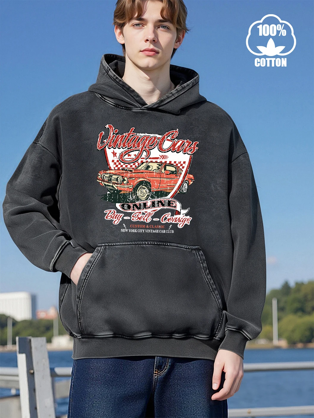 Men'S Fashion Online - Vintage Cars Online Print Washed Hoodie