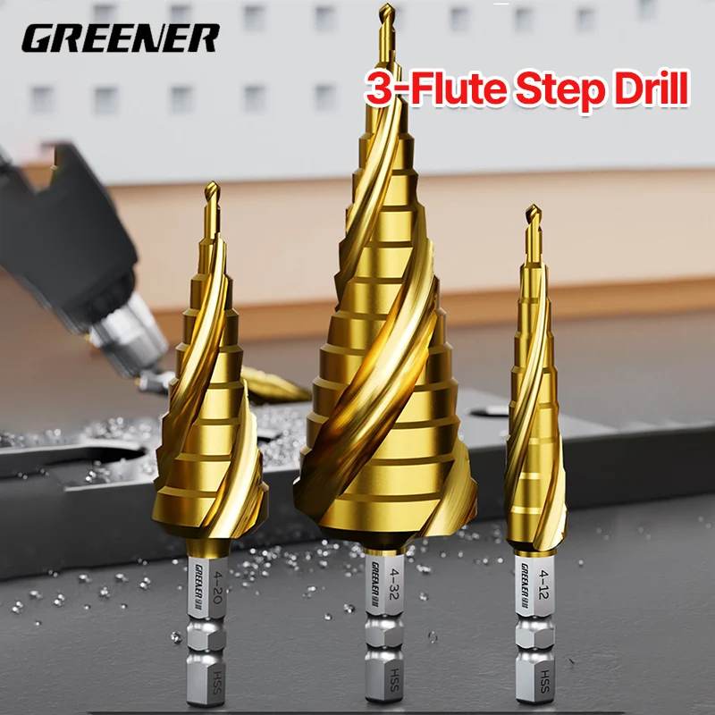 GREENER 4-12 4-20 4-32mm Hex Shank Step Drill Set HSS Pagoda Tapered Bit For Metal Wood Drilling Replace Multiple Twist Bits
