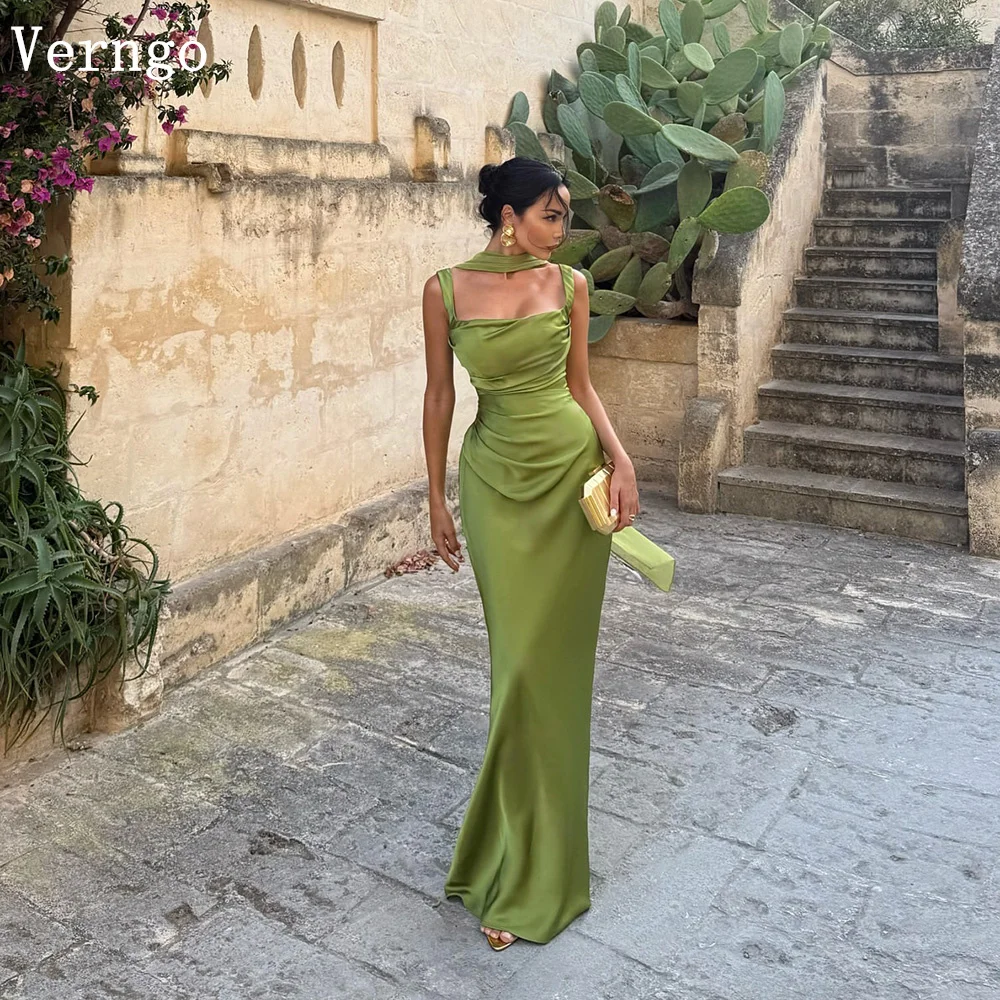 

Verngo Green Satin Evening Dress Spaghetti Straps Mermaid Prom Party Gowns Elegant Simple Sexy Maxi Prom Gowns Customized