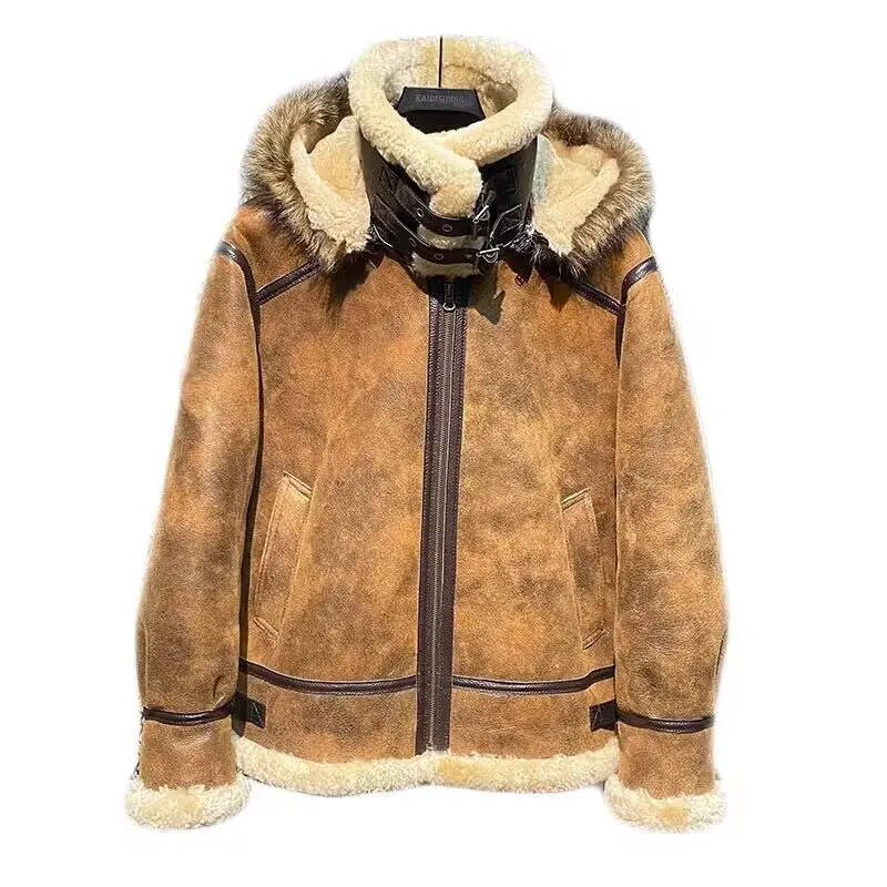 Genuine Leather for Men Natural Sheepskin Shearling Coat with Raccoon Fur Hood Thick Wool Liner Brown Plus Oversize XXXXXXL 6XL