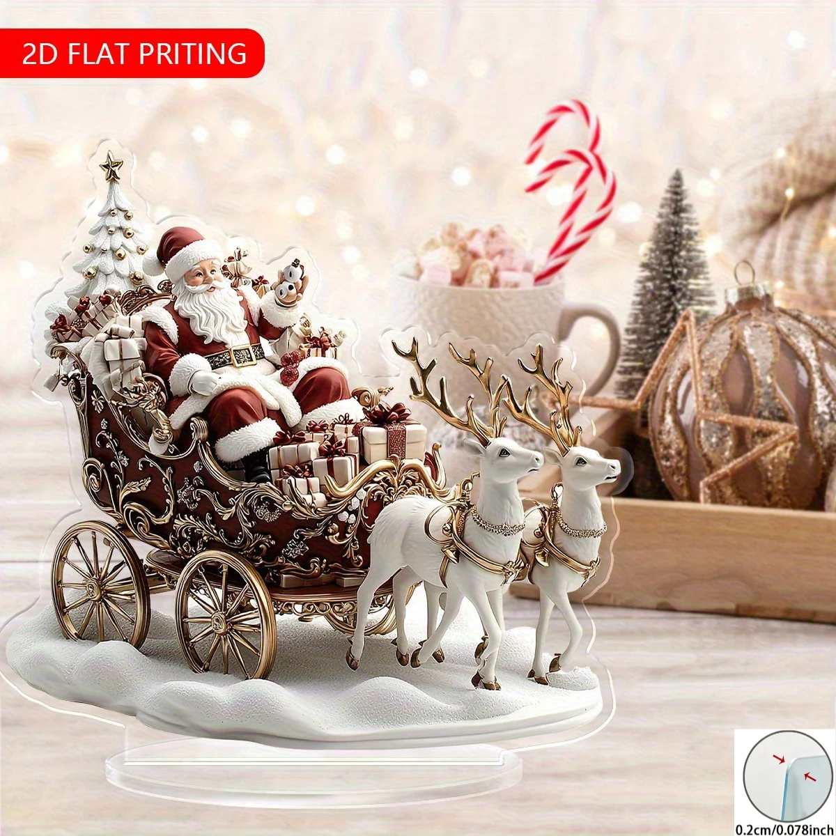 Classic Xmas Scene Table Adornment 2D Acrylic Stand, Santa Sleigh With Reindeer Pattern Acrylic Ornament Winter Holiday Home Des