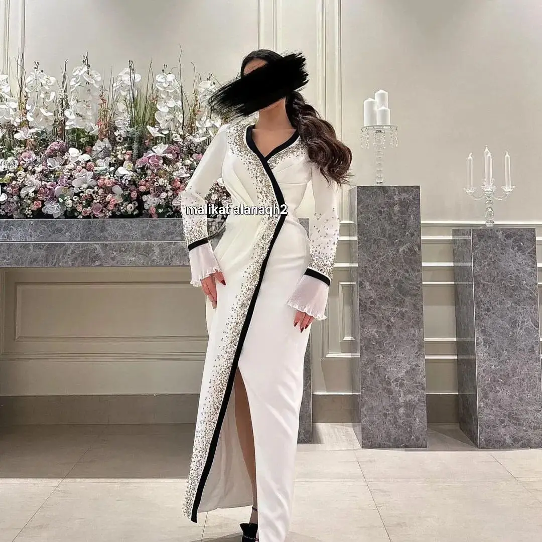 

Formal Occasion Dresses Long Sleeves V Neck Beadings Saudi Arabia Women's Prom Dresses Temperament Evening Dress