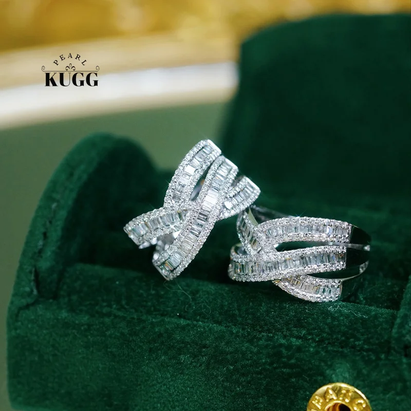 KUGG 100% 18K White Gold Rings Fashion Cross Shape 0.75carat Real Natural Diamond Engagement Ring for Women High Party Jewelry
