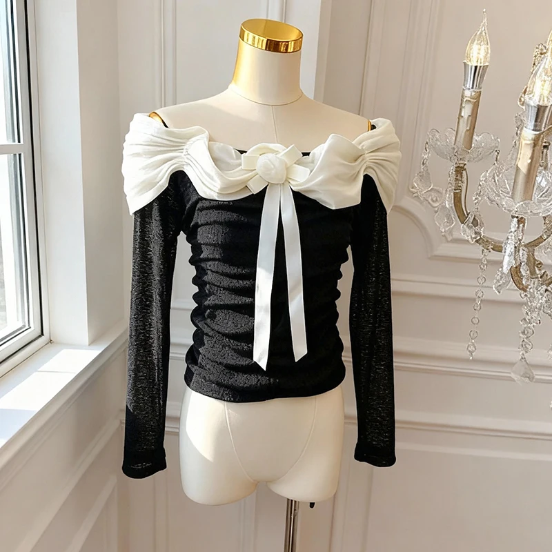 

Модная женская футболка с 3D цветочным принтом, облегающая рубашка с разрезом на шее, с открытыми плечами и оборками, футболки с длинным рукавом, французские шикарные кружевные повседневные топы