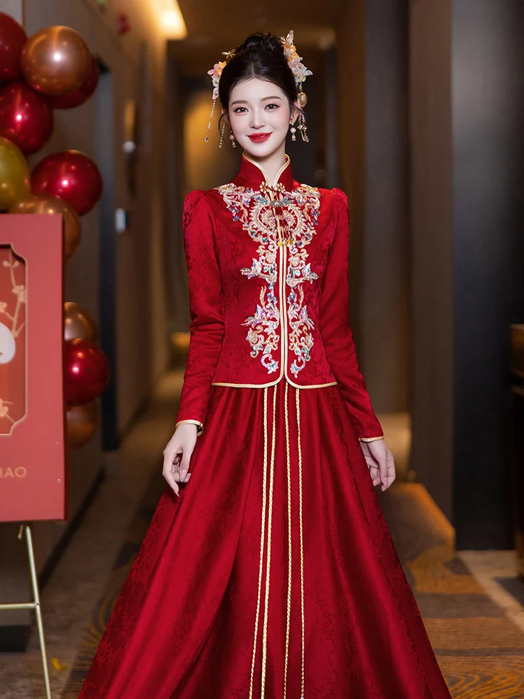 

Новое китайское свадебное платье с длинными рукавами, красное, для церемонии бракосочетания, зимнее, на заказ, официальное платье для невесты