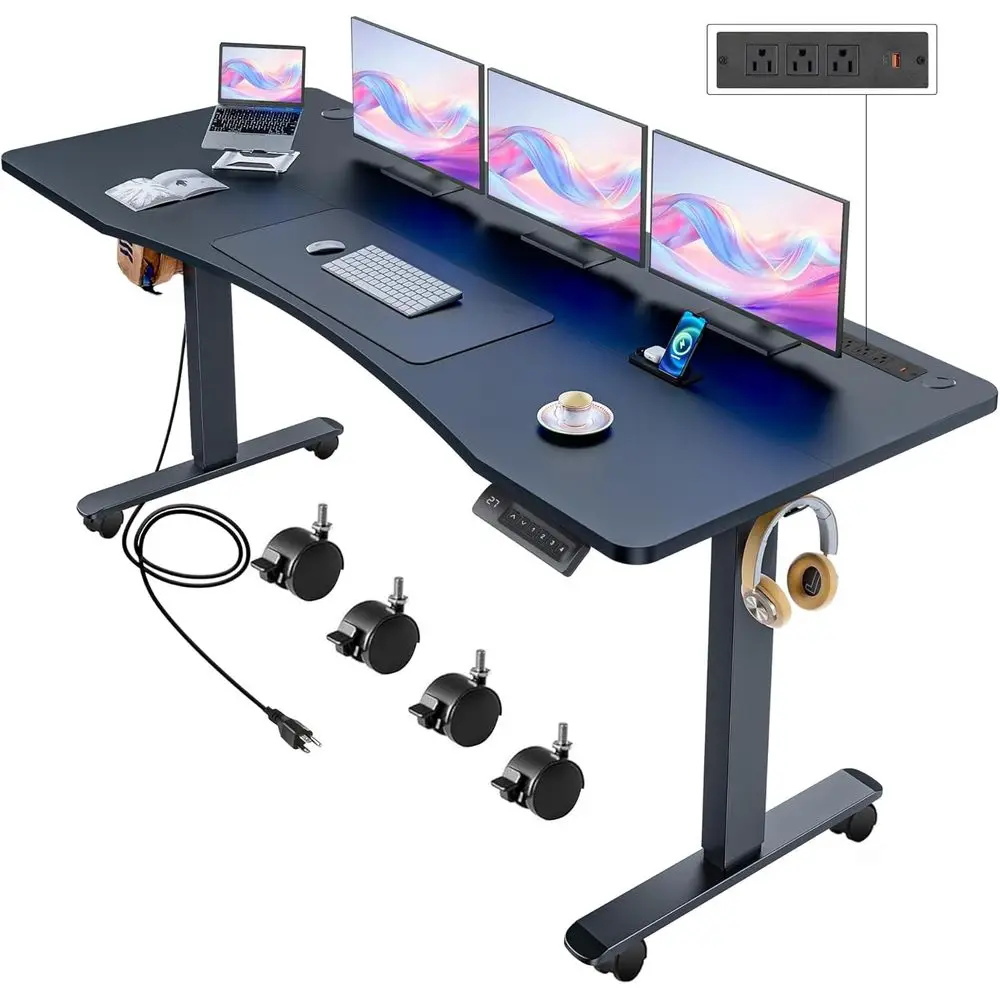 

Black 63''x24'' Electric Standing Desk with Wheels, Adjustable Height, Charging Station, 2 USB Ports, 3 Outlets, 4 Casters