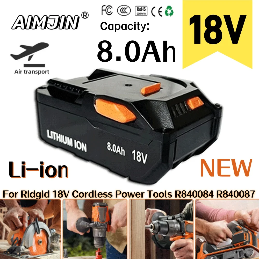 

For AEG 18V Battery 8.0AH Lithium-Ion Battery For RIDGID R840087 R840085 L1815R L1850R L1830R R840083 Series Cordless Power Tool