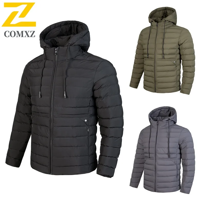 

COMXZ 2025 Light Padded Coat Men Slim Short Korean Fashion Plus Size Thin Winter Coat Wear Hooded Top lightweight windbreaker
