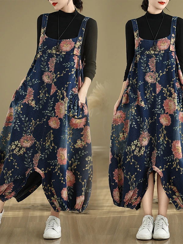 カジュアルなゆったりとした女性用デニムオーバーオール、ランタンパンツ、ハイウエスト、ストレートレッグ、コットン、カジュアル、プラスサイズ、女性用ファッション