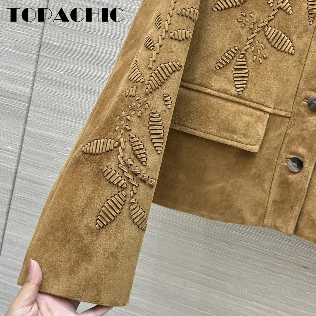 9.9 TOPACHIC-Women Vintage Lapel Genuine Leather Embroidered Jacket Suede Sheepskin Straight All-match Long Sleeve Casual Coat