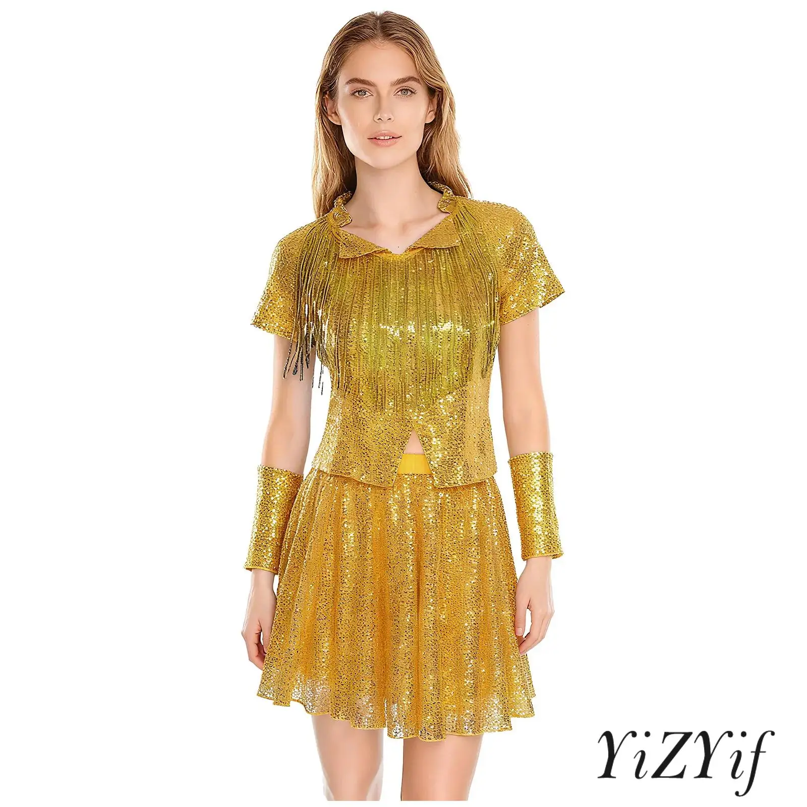 

Womens Cheerleading Dance Costume Set Short Sleeve Tassel T-shirt Top+ Gloves+Pleated Mini Skirt for Disco Jazz Dance Clubwear