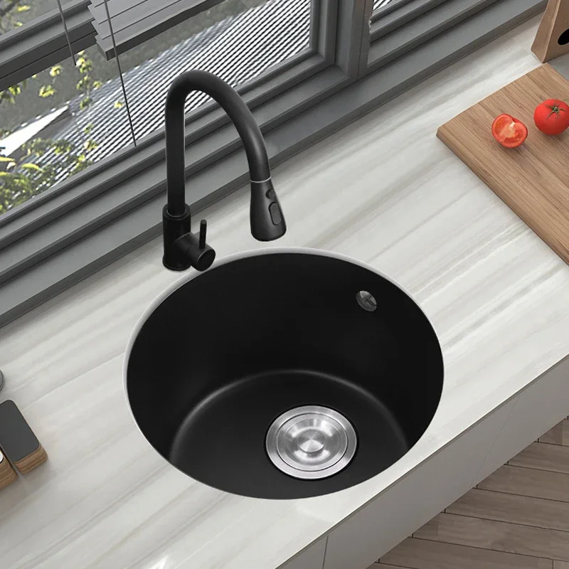 Quartz Stone Black Round Basin Household Mini Balcony Sink Kitchen Sink Thickened Embedded Bar