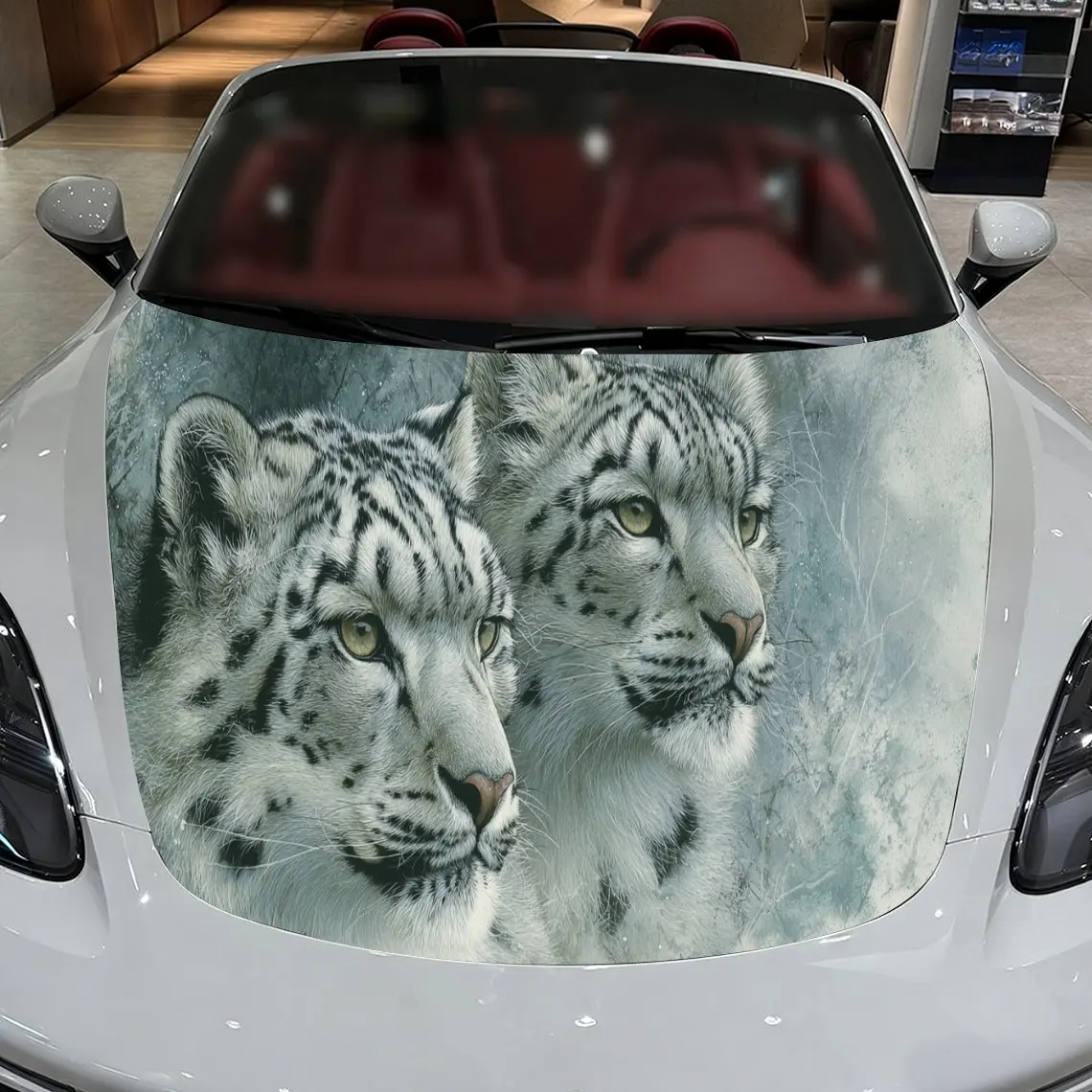 Car Decals A Snow Leopard Pair Design with Misty Mountain Textured Background & Artistic, Enchanting Visual Details Car Hood Sti