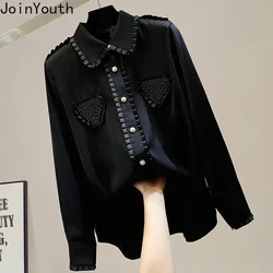 2024 Camisas De Mujer Peter Pan Collar Long Sleeve Blouse Women Clothes Beading Ruffles Shirts Vintage Loose Korean Blouses Tops