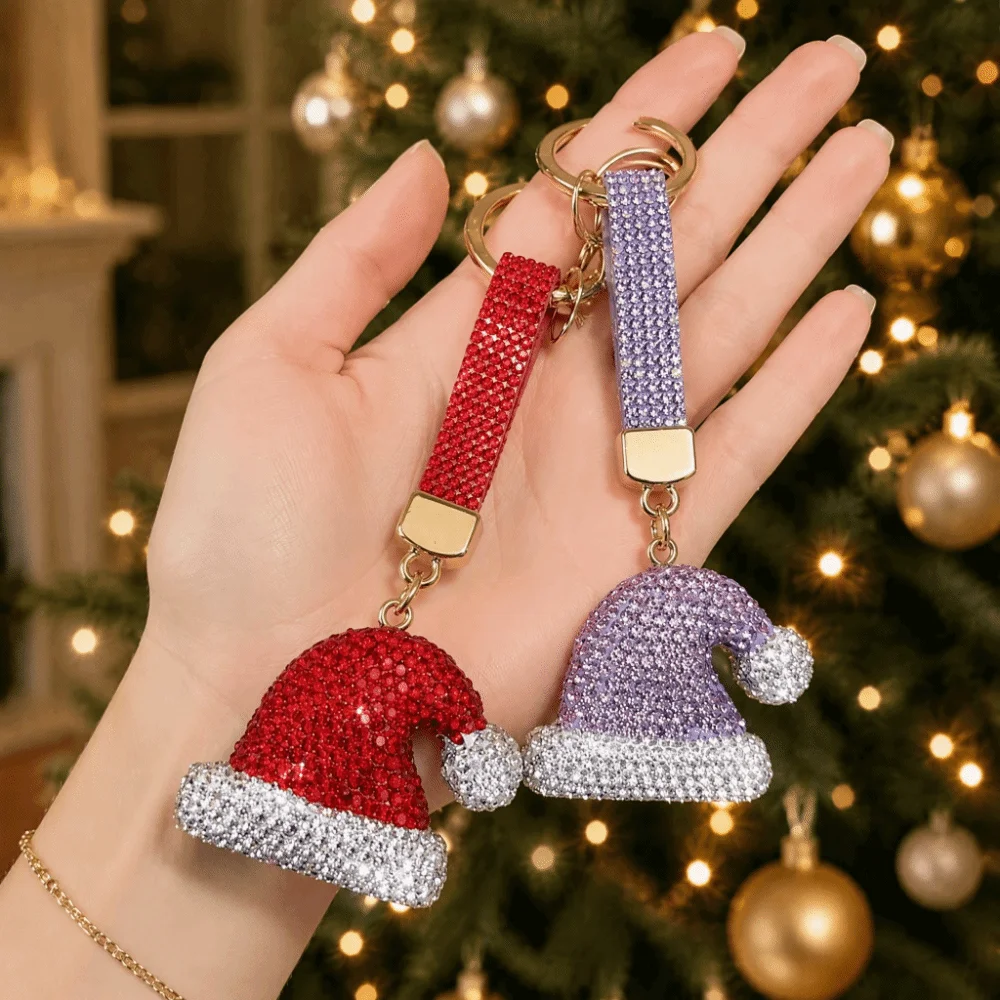Santa Claus Rhinestone Christmas Keychain Christmas Stocking DIY Metal Xmas Pendant Sparkly Decoration Xmas Bag Charm