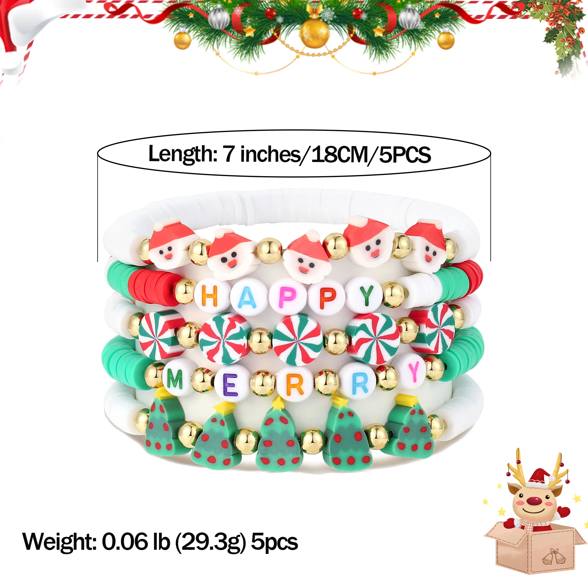

Joya Love 5 Pcs/Set Christmas Colorful Polymer Clay Beads Stretch Bracelets Santa Claus Tree Pendant Bracelet New Year Gift
