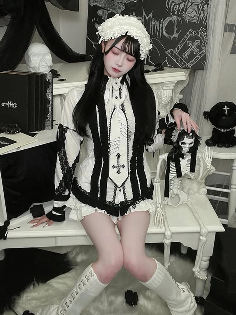 Subculture Gothic Long Sleeve Shirt Female Gothic Mass Production Cross Embroidered Bow Tie Lolita Blouses Cake Skirt Culottes