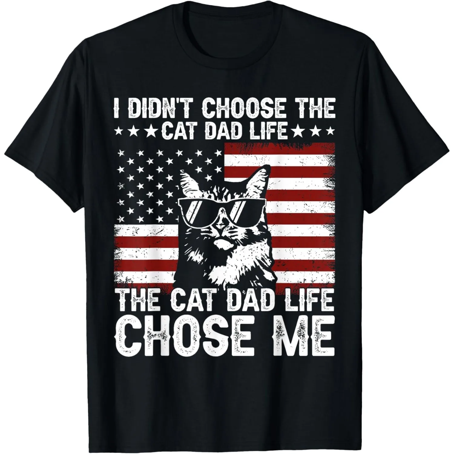 Cat Dad Life American Flag Graphic T-Shirt Breathable Crew Neck Cotton Tee for Men