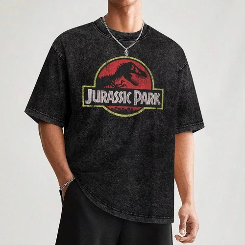 Imagen 2 del producto Jurassic Park clásico Retro rojo desgastado Logo camiseta ropa de calle hombre camiseta hombres camisetas altas