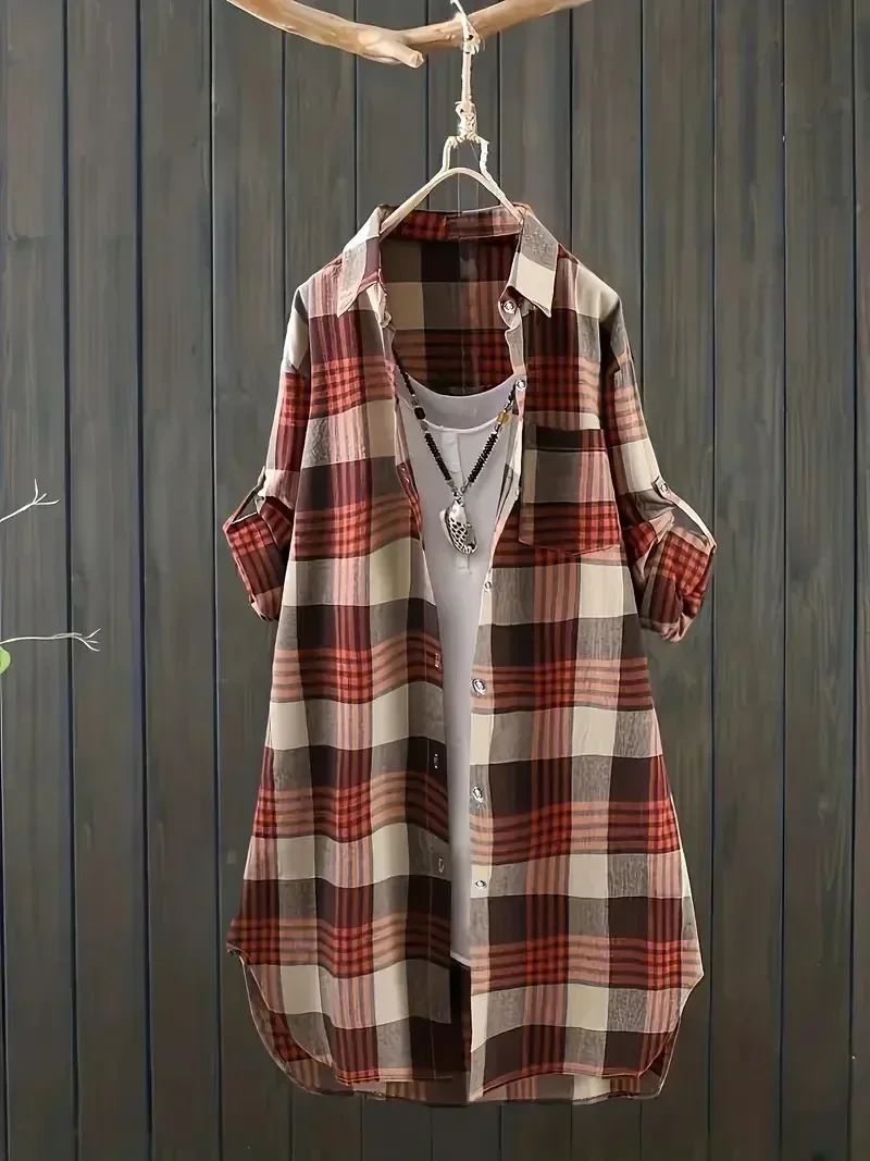 Plus Size1XL-5XL Women Spring and Summer Fashion Checkered Printed Casual Long Sleeved Loose Shirt with Pockets and Lapel Top
