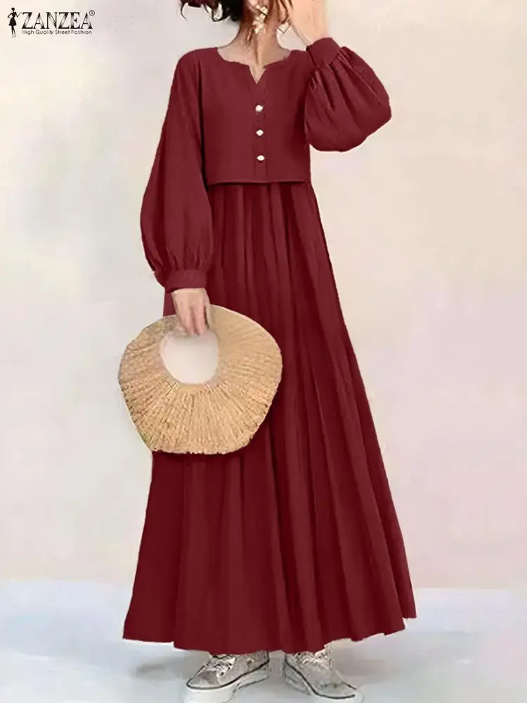 Eleganckie, swobodne sukienki maxi z efektem dwóch części, luźny krój, dekolt w serek, długi rękaw, jednolity kolor, linia A, kolekcja ZANZEA jesień 2025.