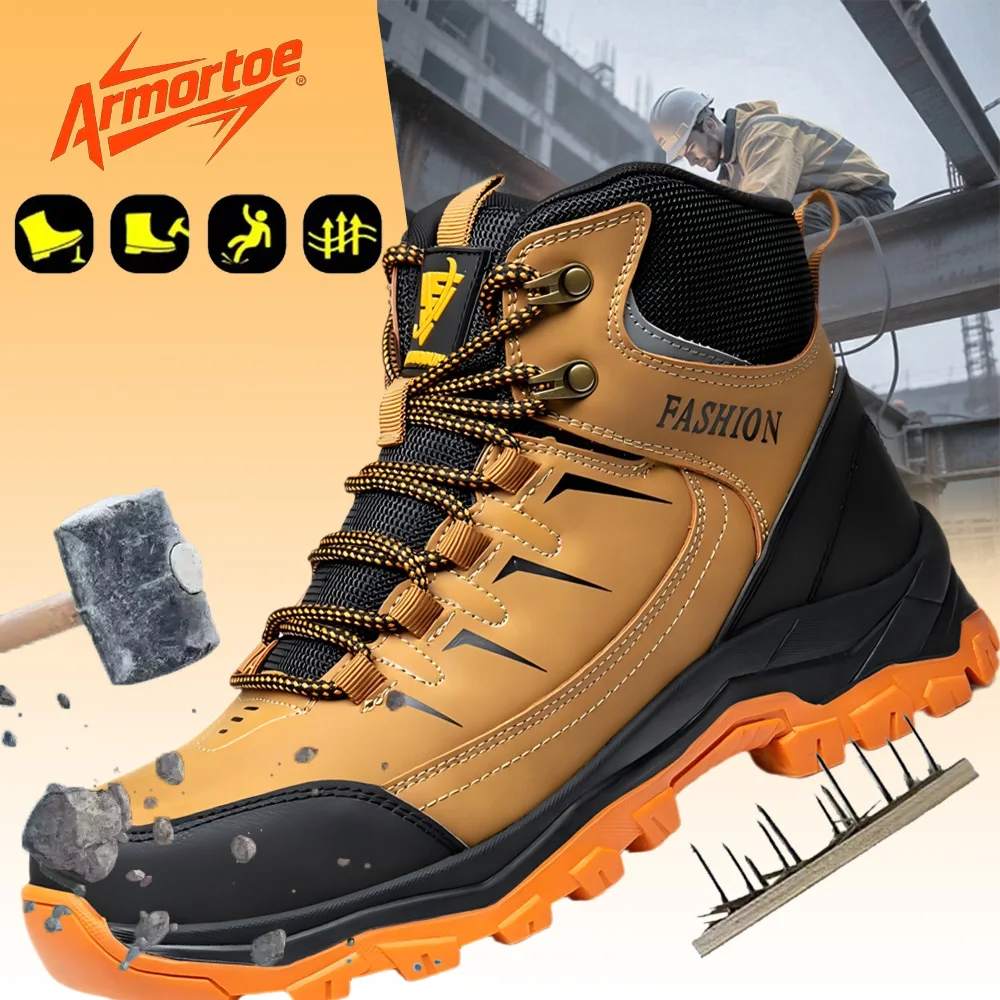 

ArmorToe Mid-Cut Safety Shoes Men Steel Toe Anti-Impact Puncture Proof Slip Resistant Work Boots Industrial Hiking #Armor2742