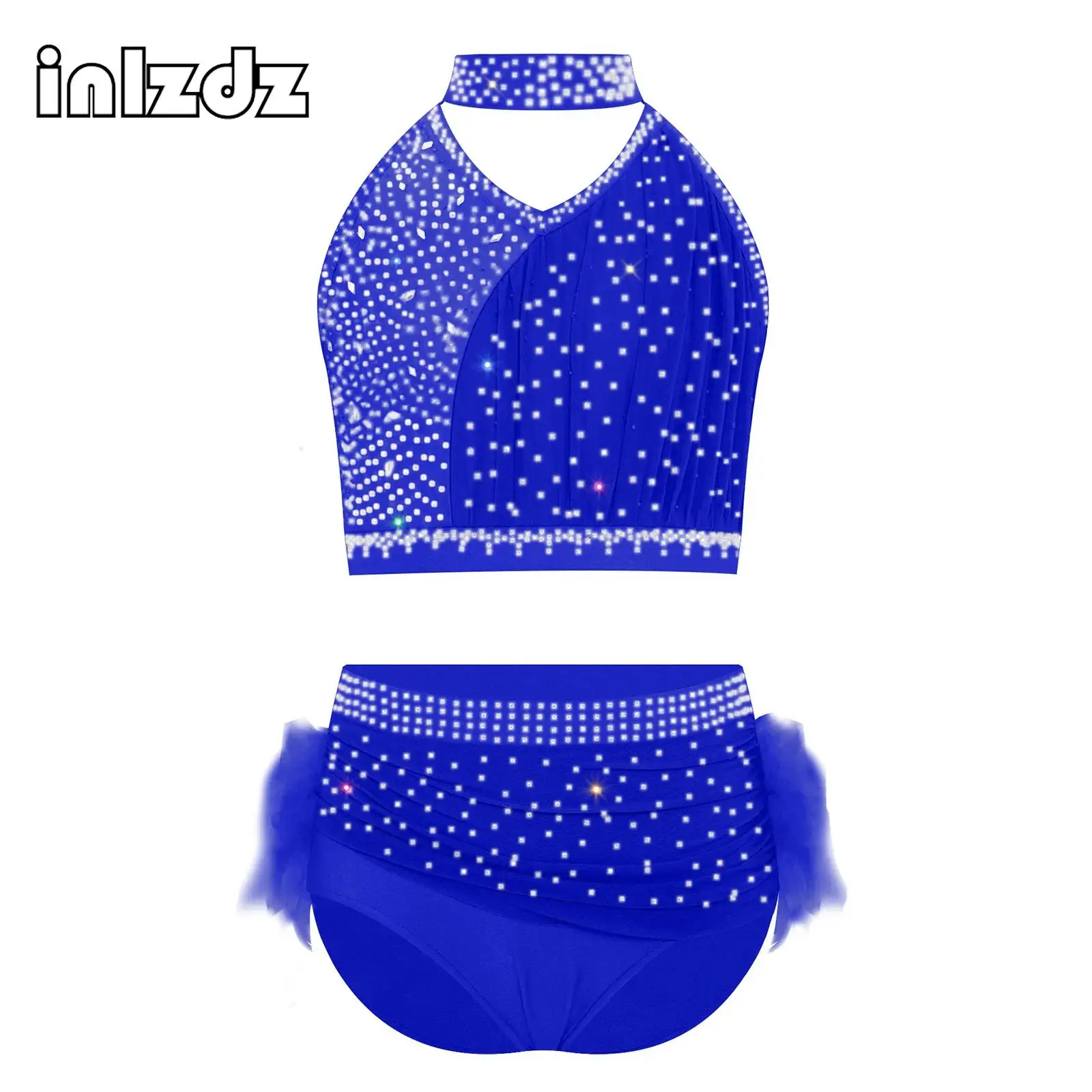 

Kids Girls Gymnastics Figure Skating Lyrical Dance Costume Rhinestones Tops Skirts Set for Salsa Latin Dance Performance Party