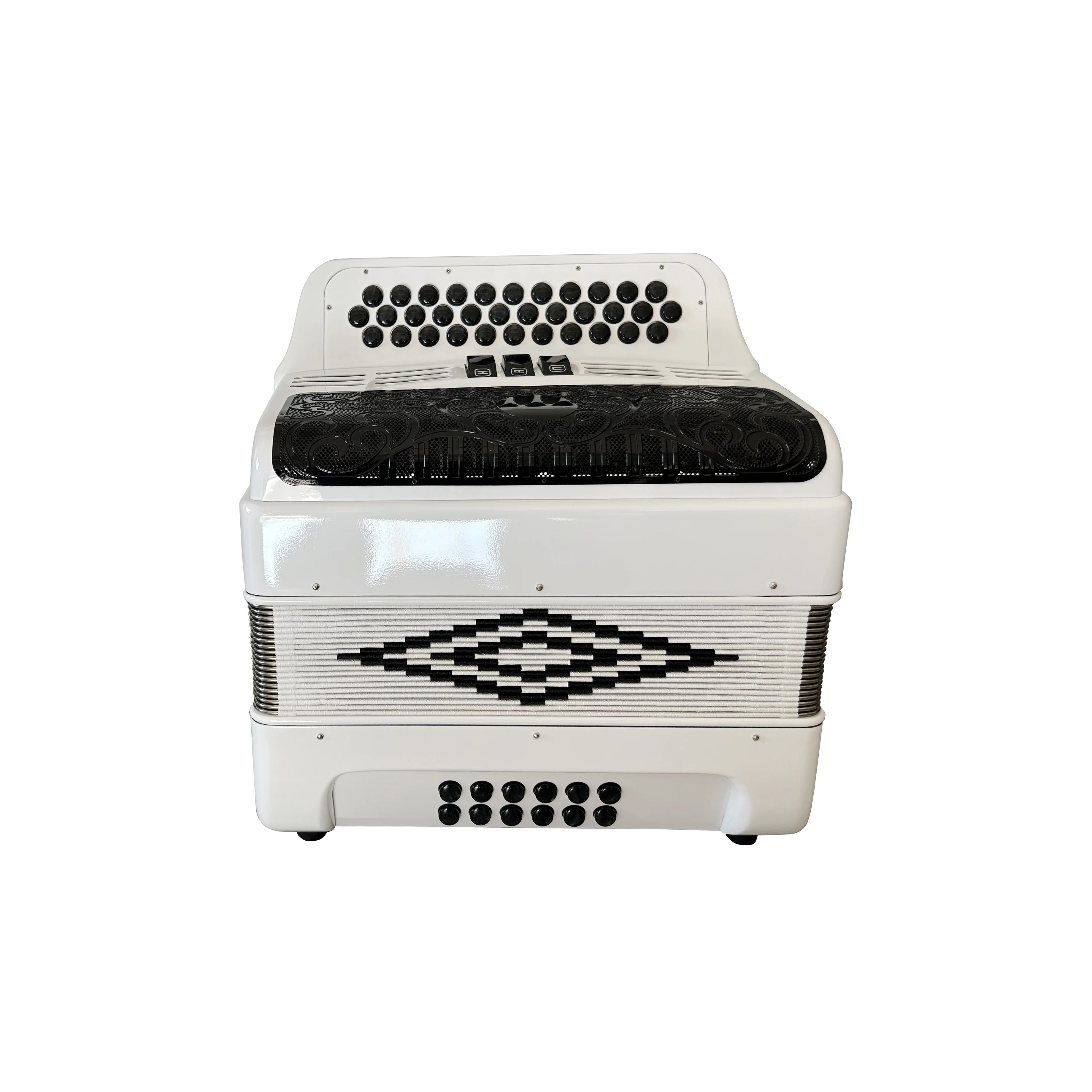 

Professional Accordion 34 Buttons 12 Bass 3 Registers Bright White With Black Grill And Buttons JB3412C Model