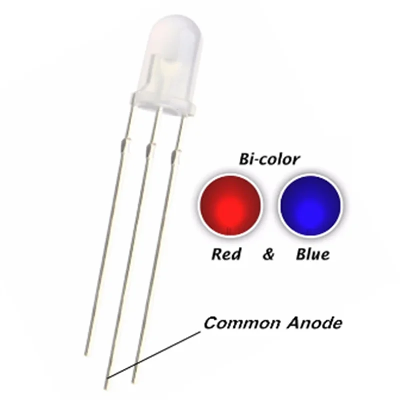 100pcs  F5 5mm Red And Blue Diffused Led Common Anode Light Round Head Bicolor 3pin Dual Color Light Beads