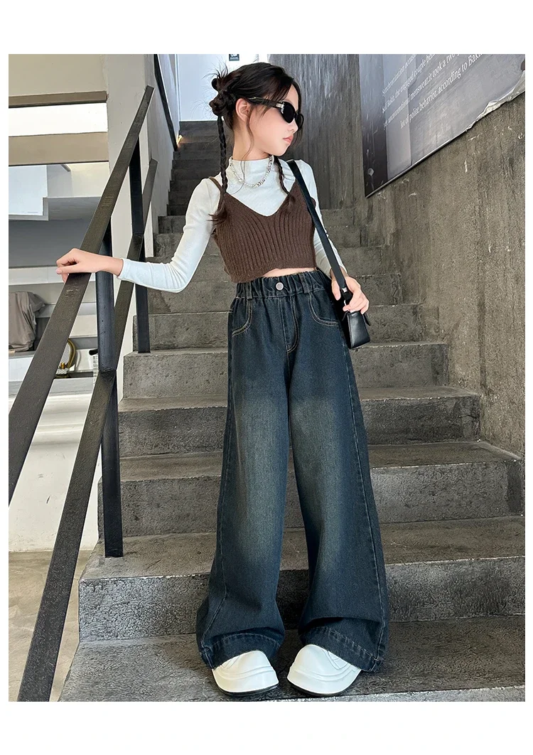 ZOETOPKID Kinder Mode High-Waist Weitbein-Jeans für junge Mädchen Streetwear Lose Denim-Hosen Kinder Dunkelblaue Jeans – Detail 8