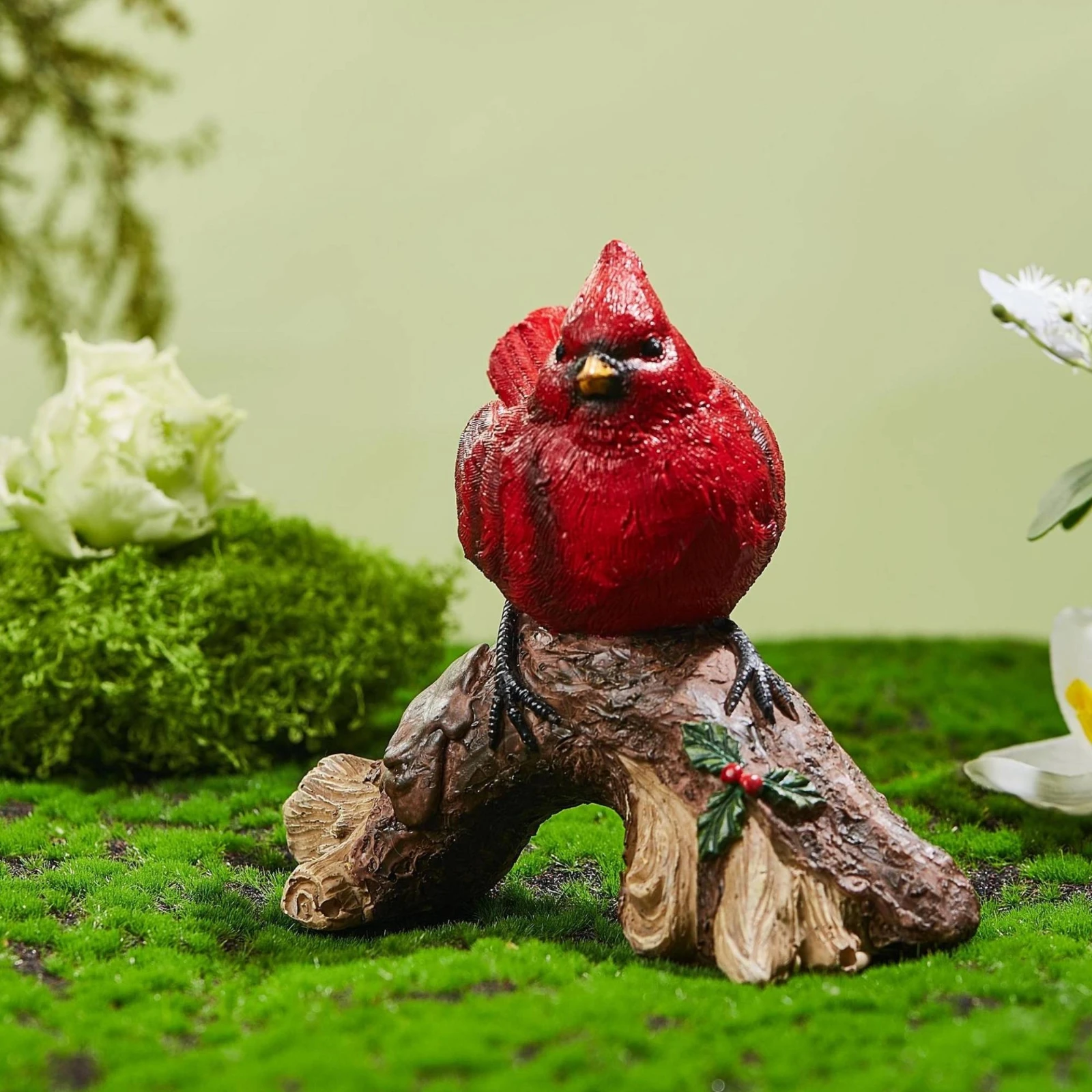 Red Cardinal Figurine Textured Branch Base Bird Statue Cardinal Figurine Wood-Grain Carved Log Bird Decoration Painted