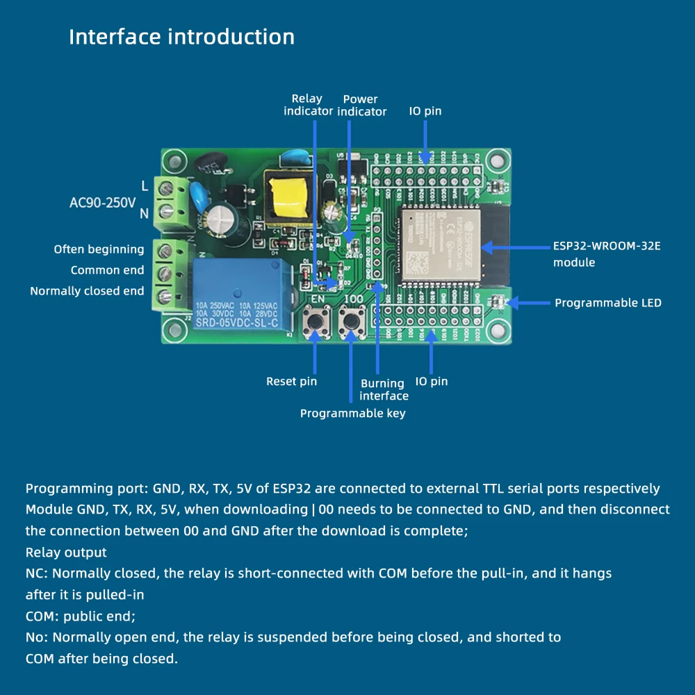 AC90-250V ESP32 واي فاي بلوتوث واحد وحدة تبديل التتابع مجلس ESP32 مجلس التنمية 4M بايت فلاش I/O UART تنزيل ميناء