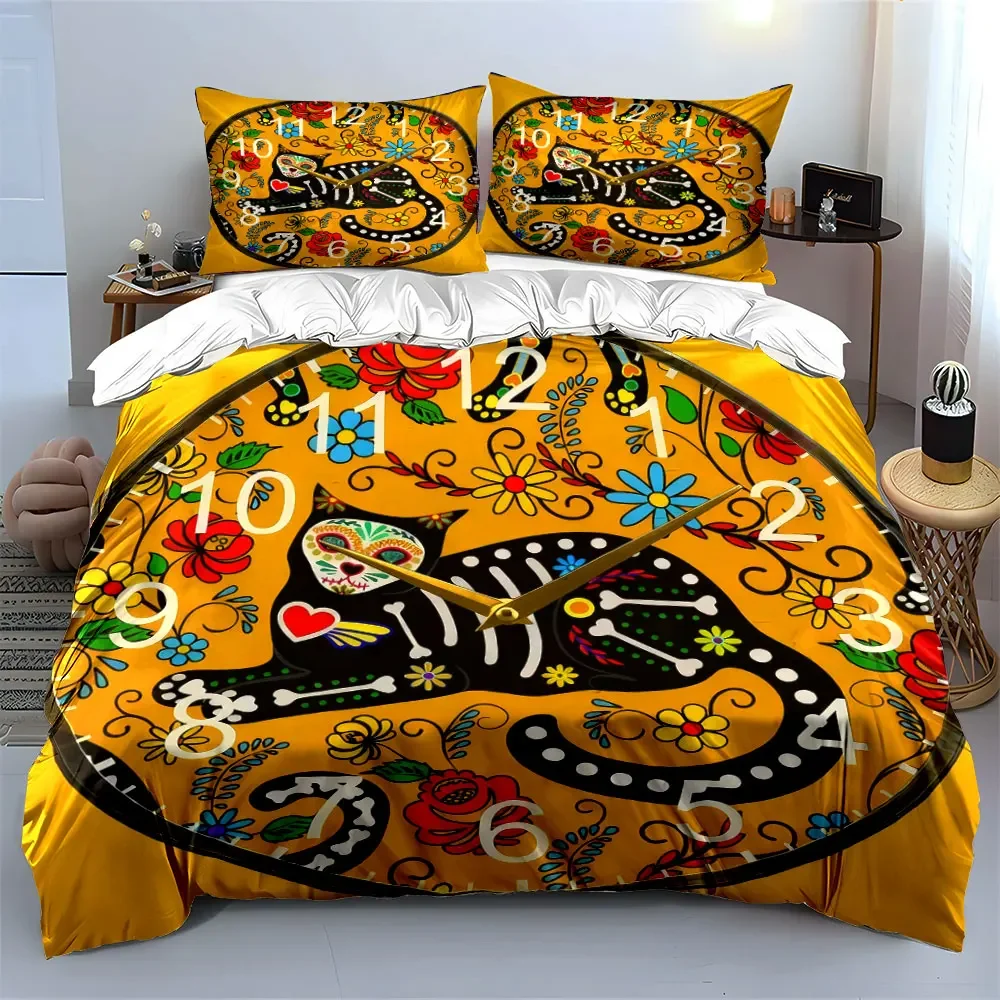 Colorful Cat Skeleton Clock Decor Soft Comfortable Duvet Cover Bedding Set Included 1*Duvet Cover & 2*Pillowcases, gift