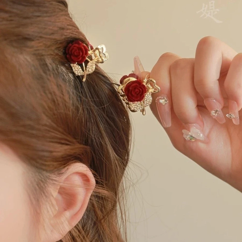 1Pc Fashion Rhinestone Rose Hair Clips Sweet Red Flower Hairpins For Women Hairwear Accessories Barrettes Jewelry